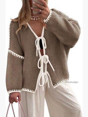 Oversized Cardigan with Bow Tie Front, Long Sleeve, Soft Knit, Winter Sweater